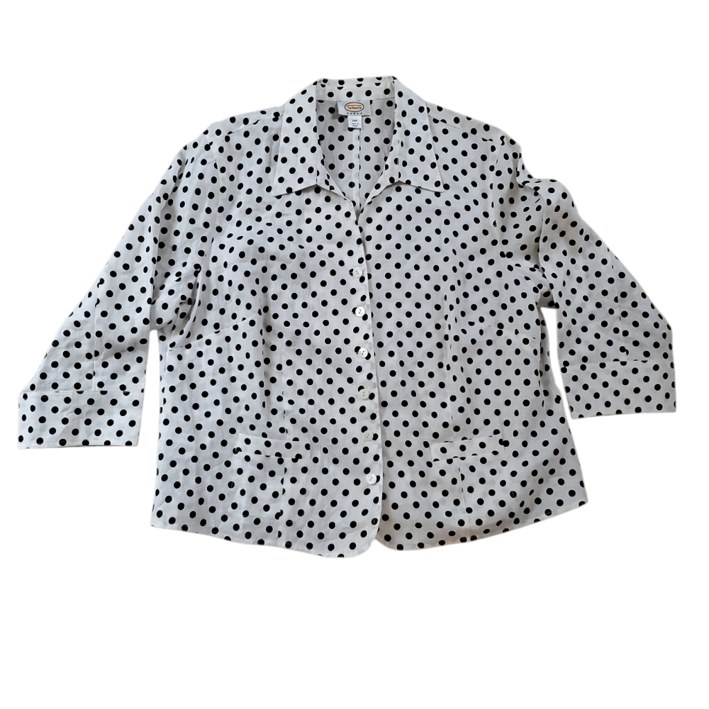 Talbots Woman Linen Blouse Size 18W Black White Polka Dot Long Sleeve